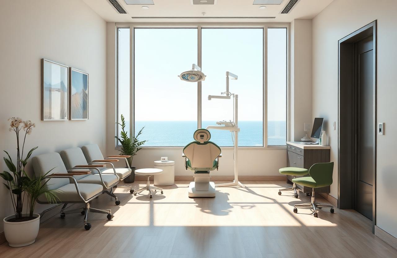 Accessible dental treatment room with sea-view window inside the practice.