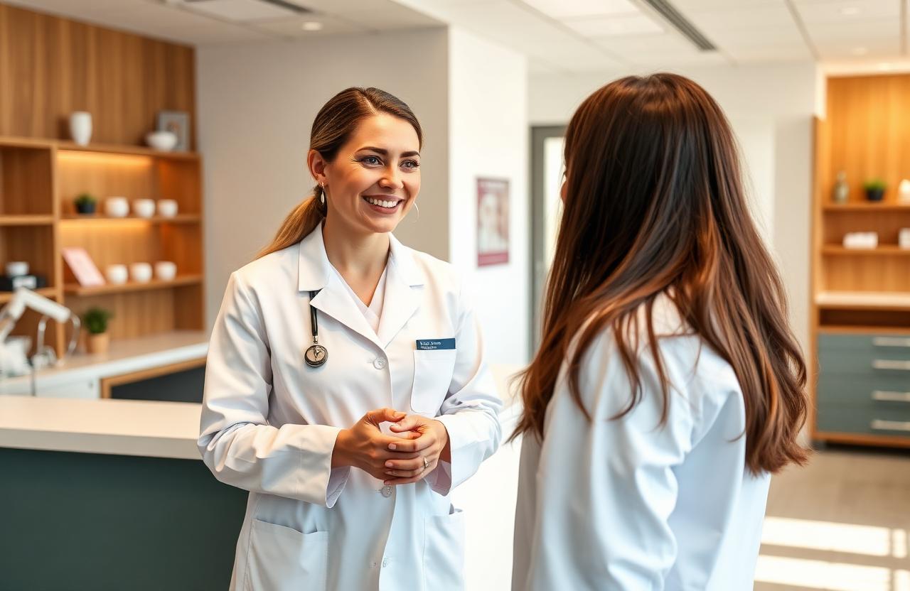 Dentist and reception staff greeting a patient in a clean dental practice.