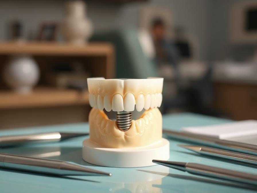 Dental implant model on a clinician's desk surrounded by instruments.