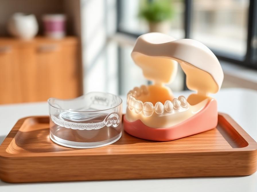 Clear orthodontic aligners and a dental model on a wooden tray.