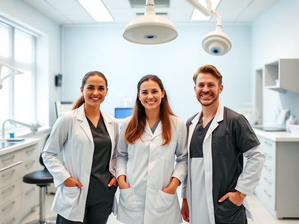 Smiling dental team standing inside a bright modern UK dental clinic.